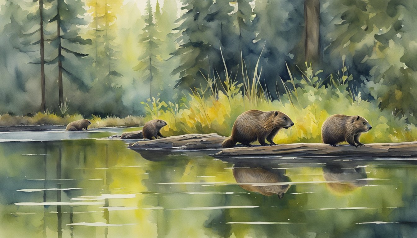 Beavers by forested lake in misty, scenic watercolor painting.