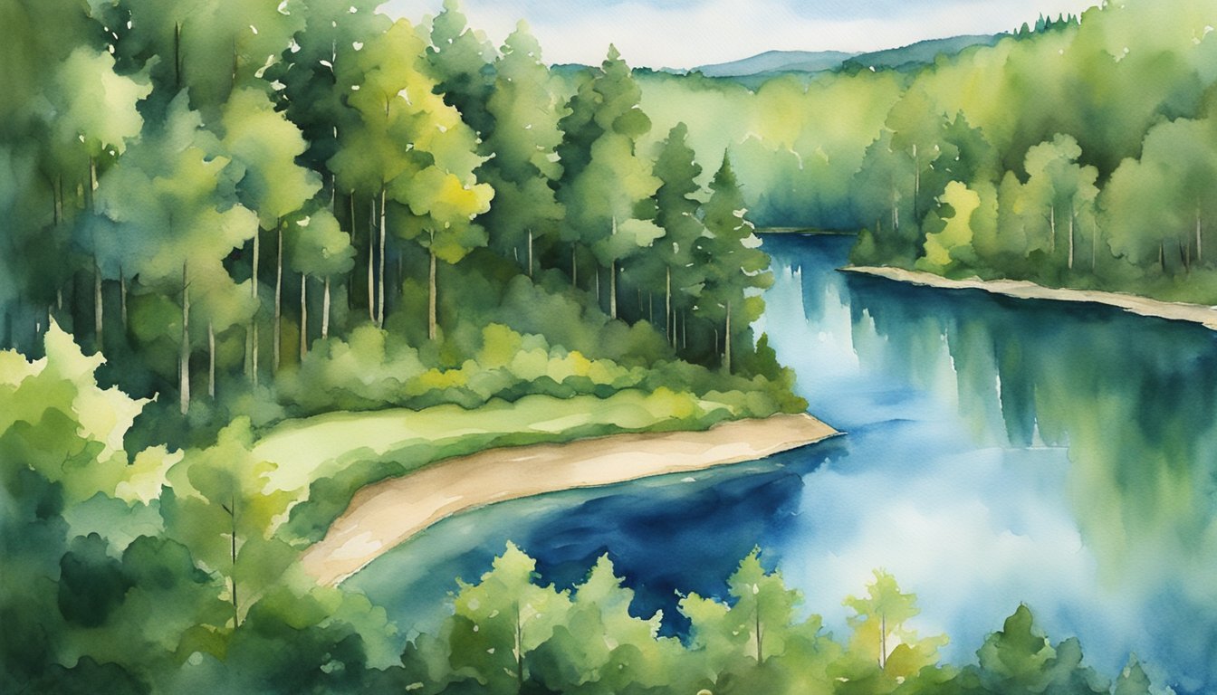 Watercolor painting of serene forest landscape with river.