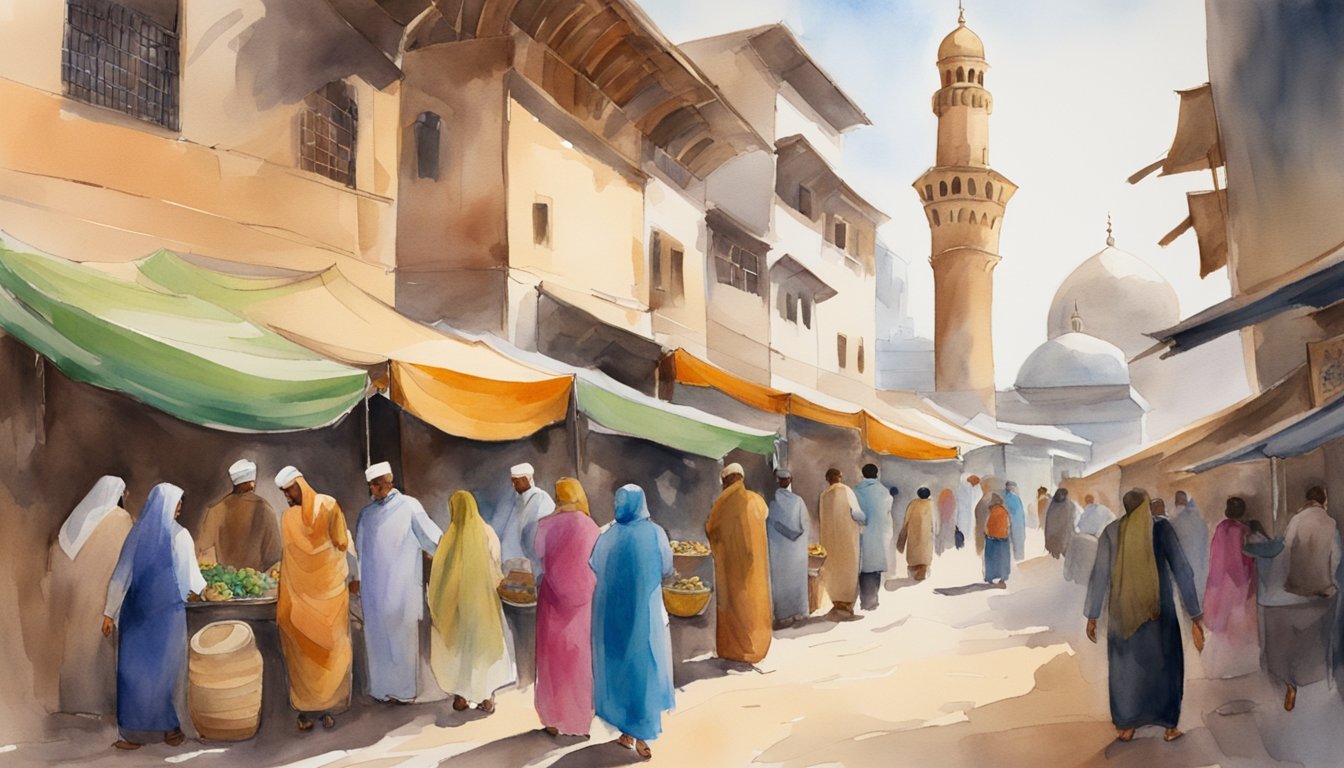 Colorful market scene near mosque with bustling crowd.