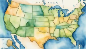 Watercolor map of the United States with state borders.