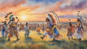 Native American dancers at sunset celebration in vibrant regalia.