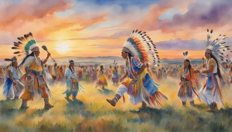 Native American dancers at sunset celebration in vibrant regalia.