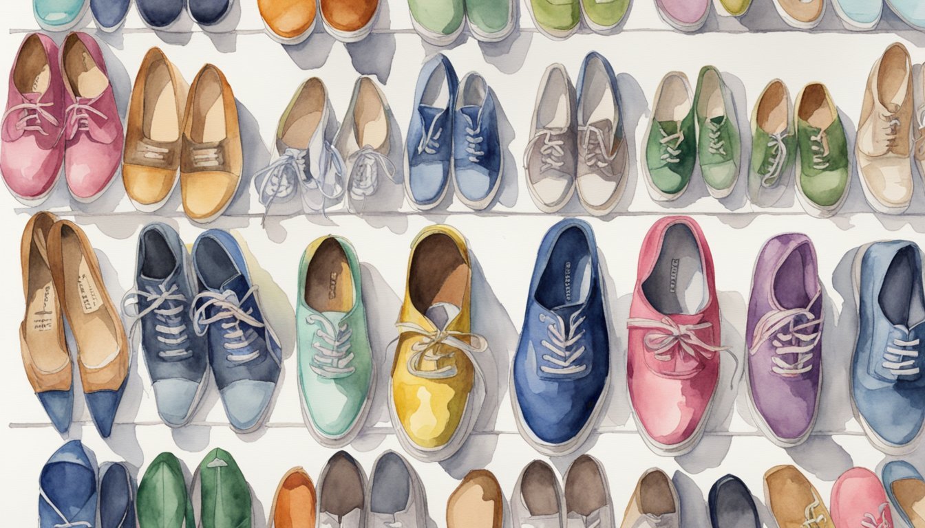 Colorful watercolor painting of assorted footwear on shelves.