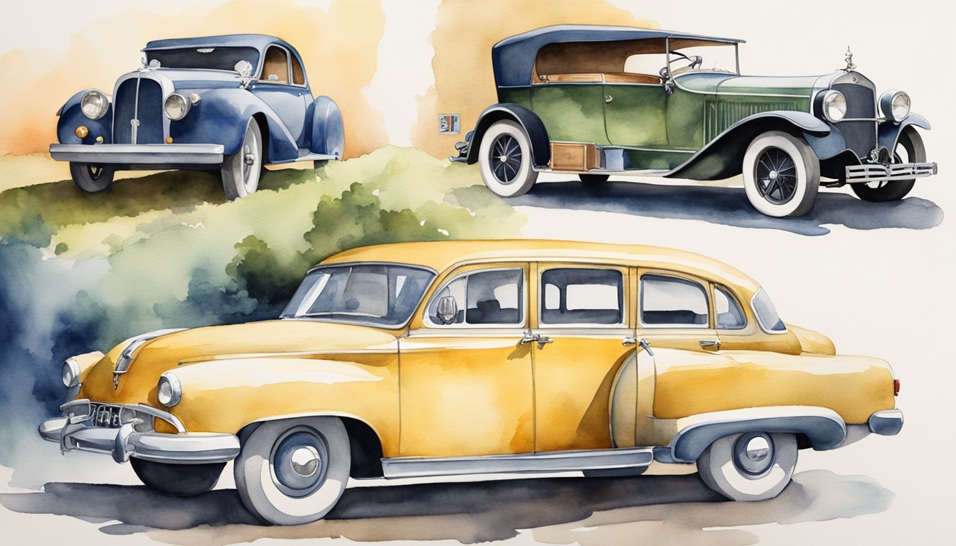 Watercolor painting of vintage automobiles in colorful backdrop.