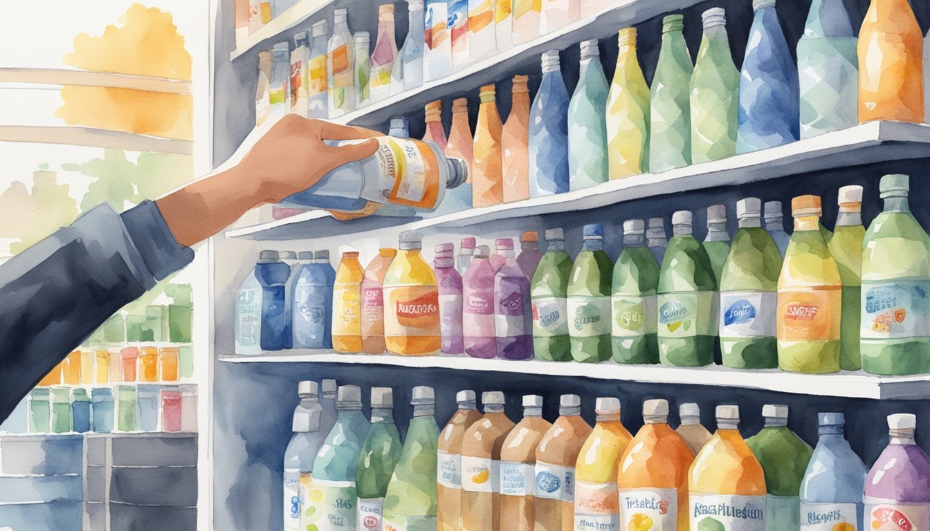 Person selecting beverage from grocery store shelf.