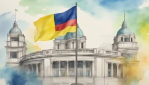 Watercolor painting of a building with Colombian flag