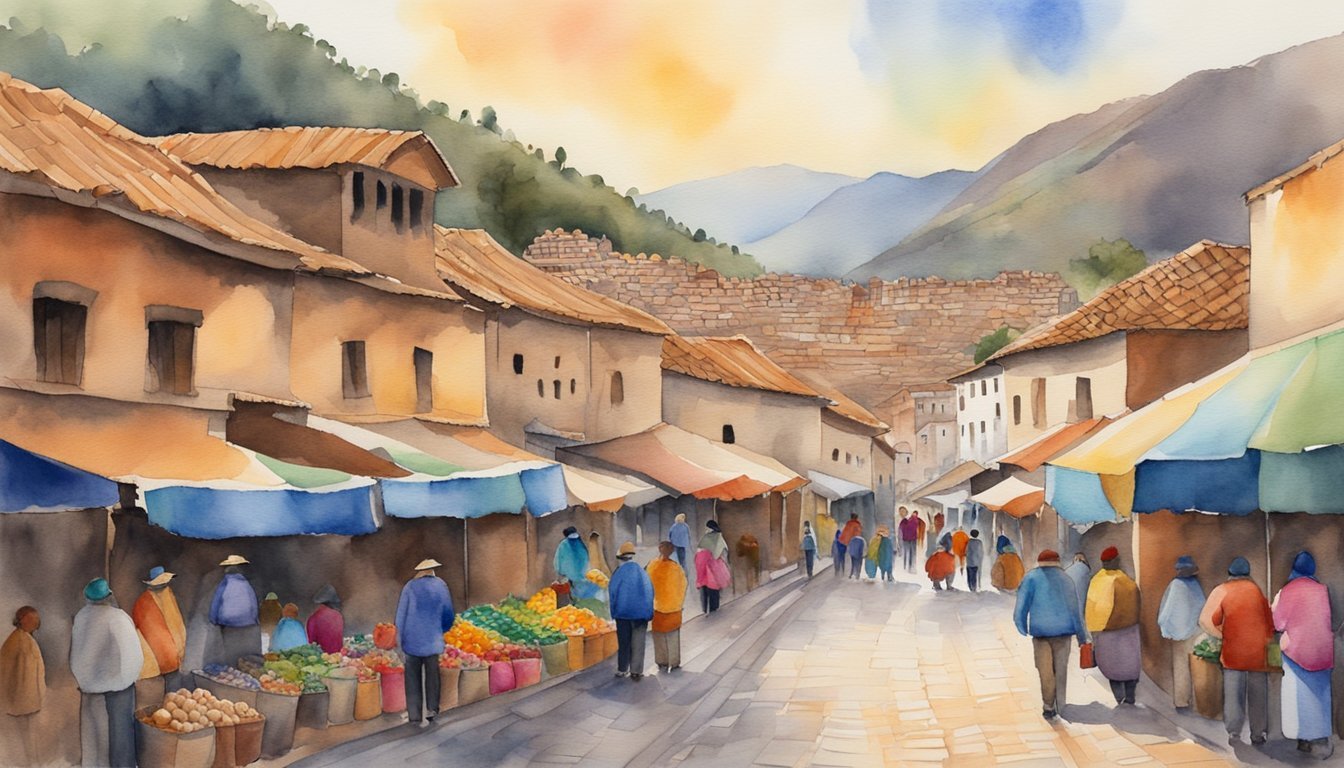 Colorful market street scene in watercolor painting.