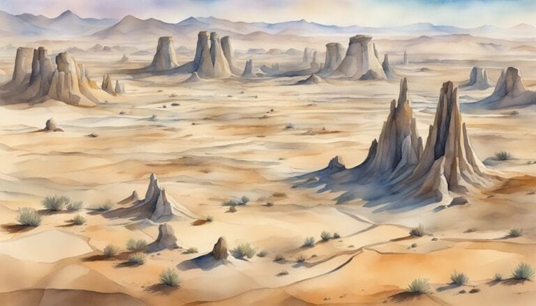 Watercolor desert landscape with rock formations and sparse vegetation.