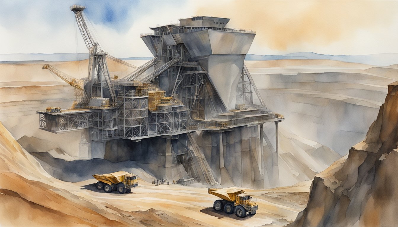 Watercolor of mining operation with trucks and large machinery.