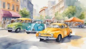 Colorful vintage cars in bustling urban street scene.