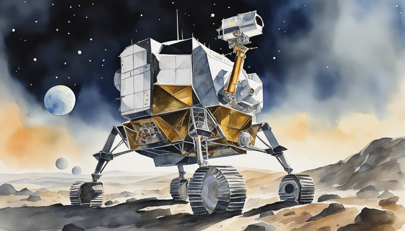 Watercolor illustration of a lunar rover on the moon.