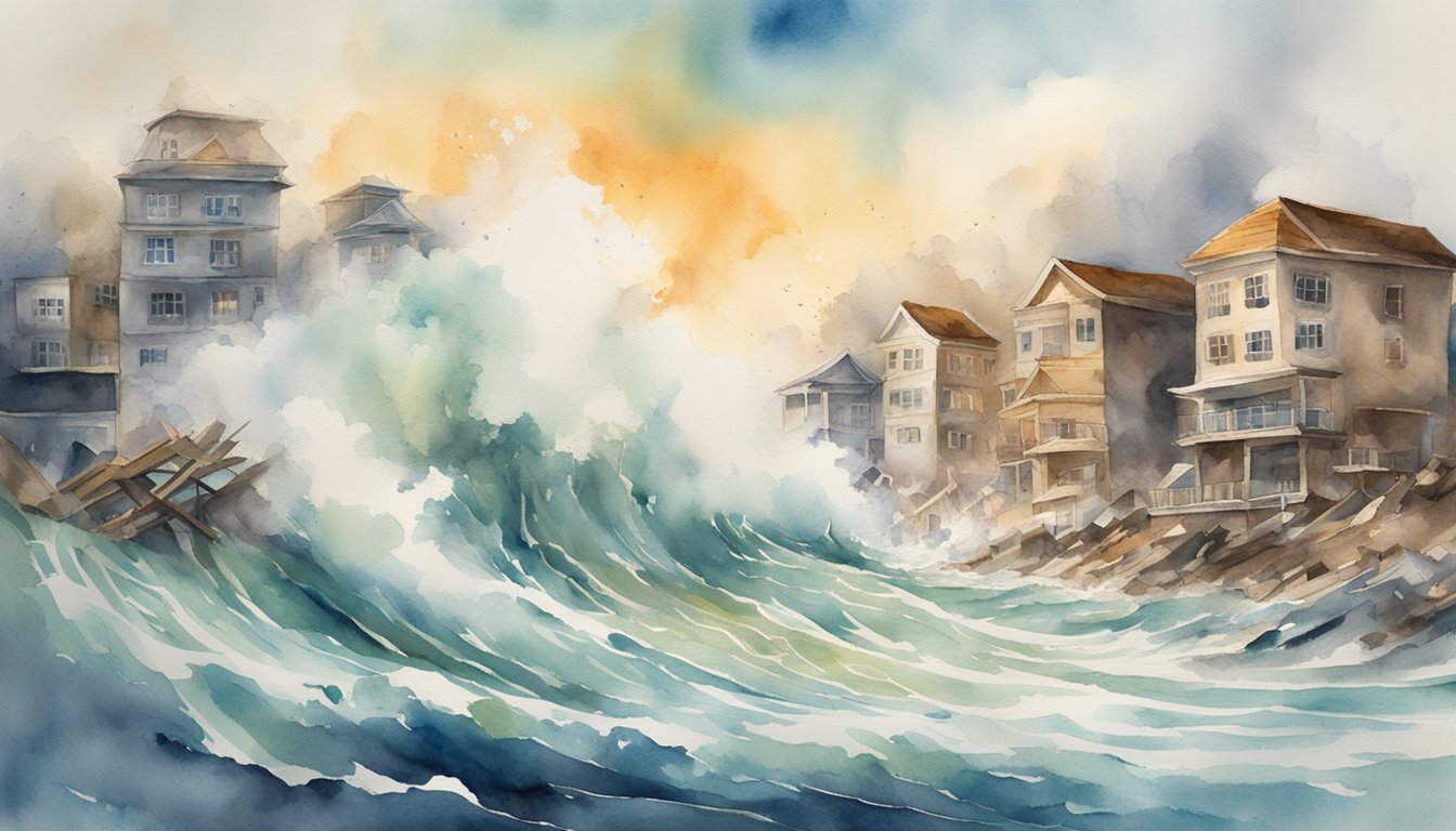 Watercolor of coastal homes during stormy sea surge.