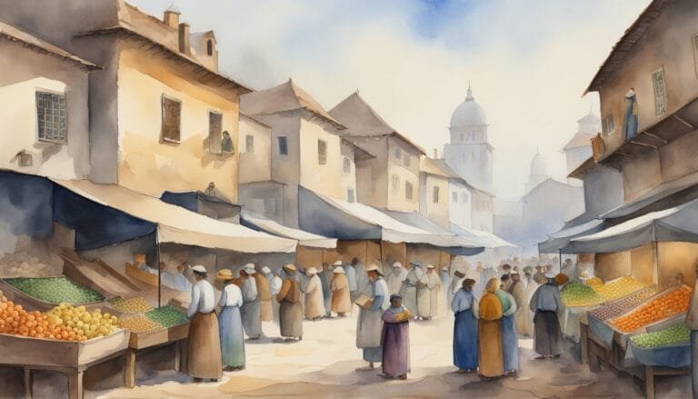 Watercolor painting of bustling historical market street scene.