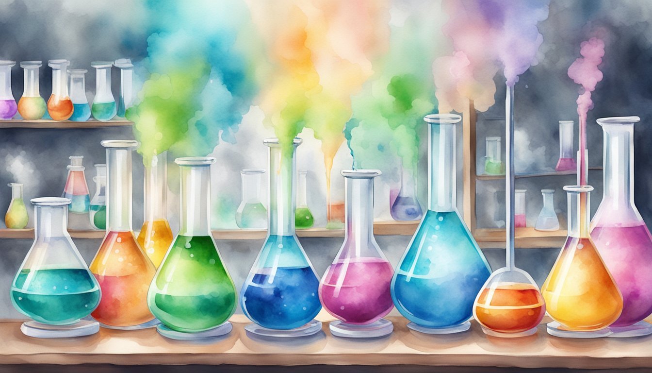 Colorful, vapor-emitting flasks in a watercolor laboratory setting.