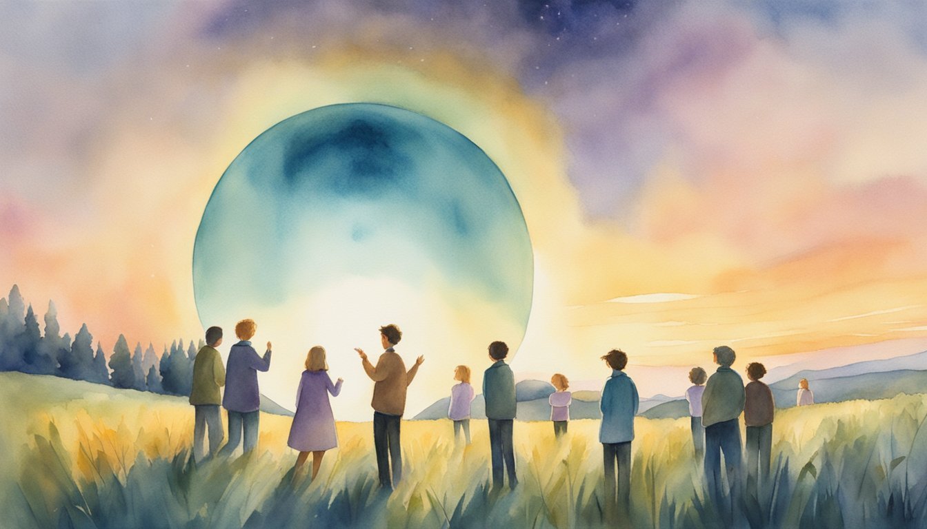 Group observing giant moonrise in watercolor landscape.