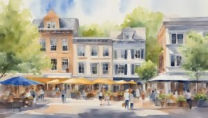 Watercolor of bustling street with cafes and pedestrians.