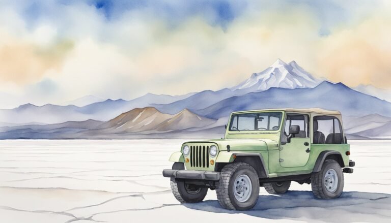 Green jeep on salt flats with mountain background.