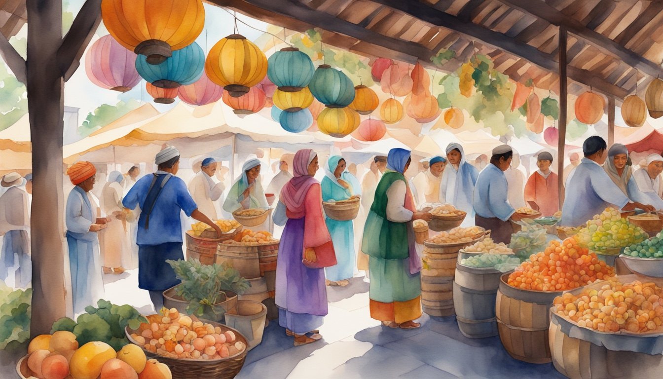 Colorful market scene with hanging lanterns and diverse shoppers.