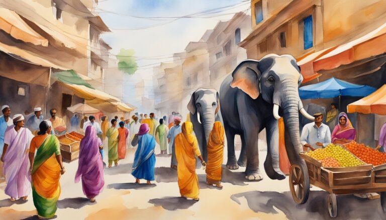 Colorful market scene with elephants and diverse crowd.