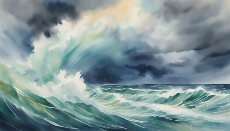 Dramatic stormy sea wave painting under dark clouds.