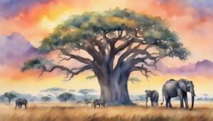 Watercolor of elephants and zebra under large baobab tree, sunset.