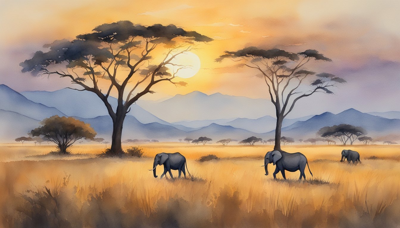 Elephants wandering at sunset in savannah landscape painting.