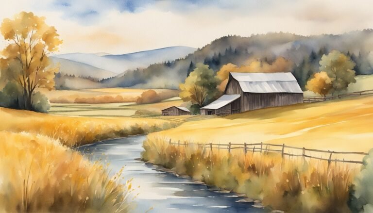 Autumn landscape with barn and creek.