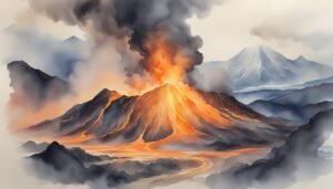 Watercolor painting of erupting volcano with smoky background.