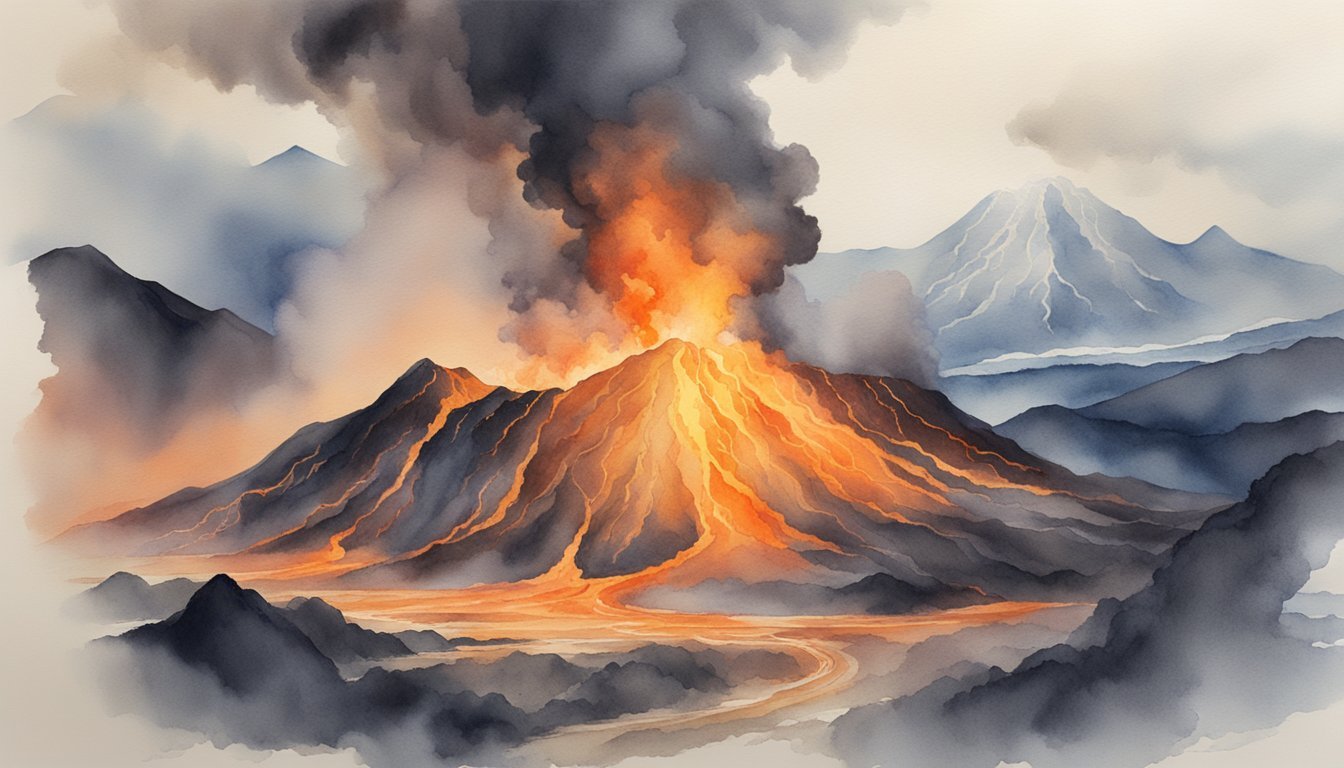 Watercolor painting of erupting volcano with smoky background.