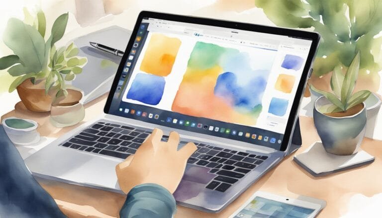 Person working on colorful digital graphics on laptop.