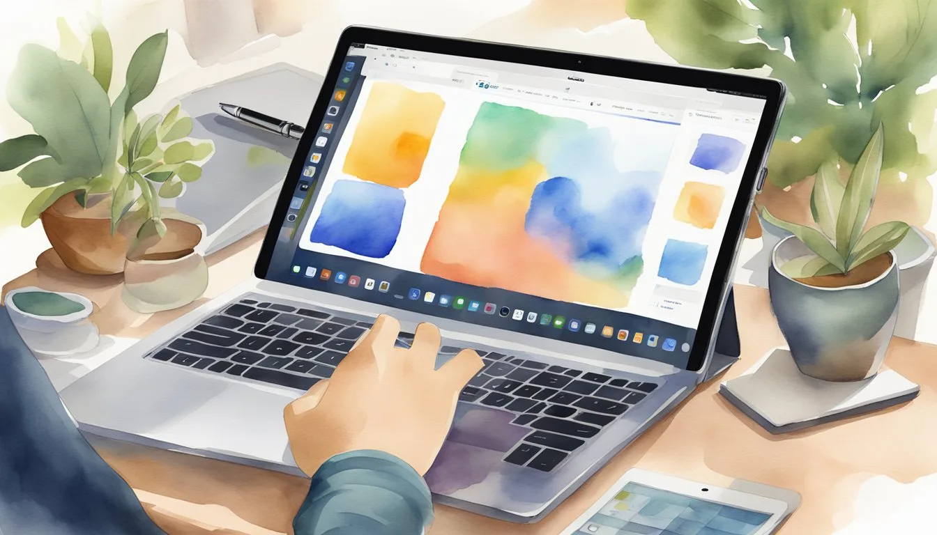 Person working on colorful digital graphics on laptop.