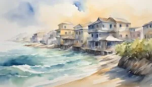 Coastal watercolor painting of seaside houses and dynamic ocean waves.