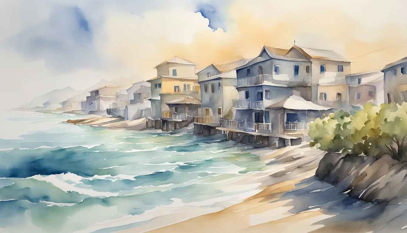 Coastal watercolor painting of seaside houses and dynamic ocean waves.