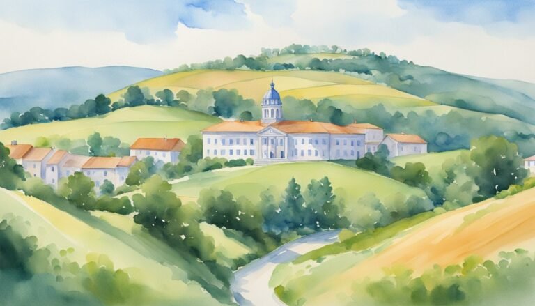 Watercolor illustration of a serene countryside estate.