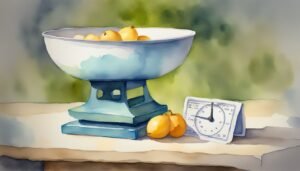 Watercolor of fruits in bowl with kitchen scale.