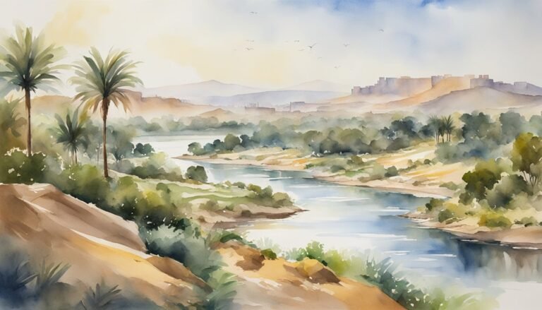 Watercolor landscape with river, palms, and distant castle.