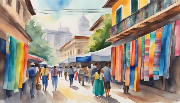 Colorful market scene with crowds and hanging textiles.