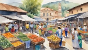 Watercolor painting of busy outdoor market with historic church.