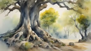 Watercolor painting of serene forest with ancient tree.