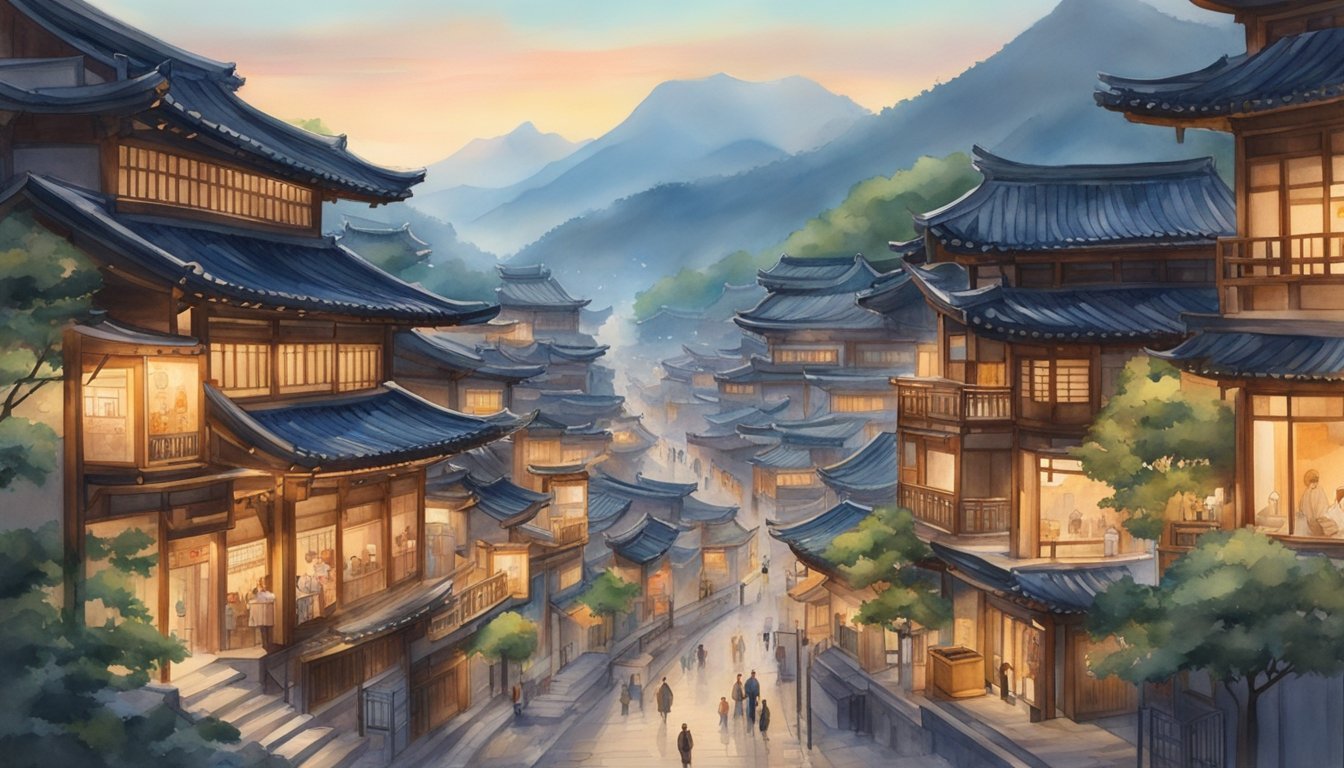 Traditional Japanese village street at dusk, illustrated.