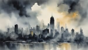 Watercolor cityscape with cloudy sky and silhouette buildings.