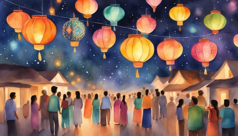 Colorful lanterns illuminate a festive night market scene.