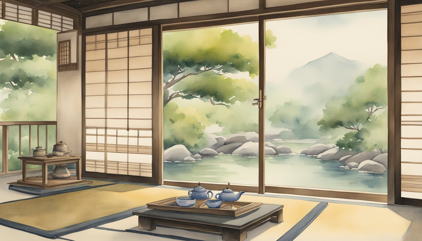 Traditional Japanese room overlooking serene garden and river.