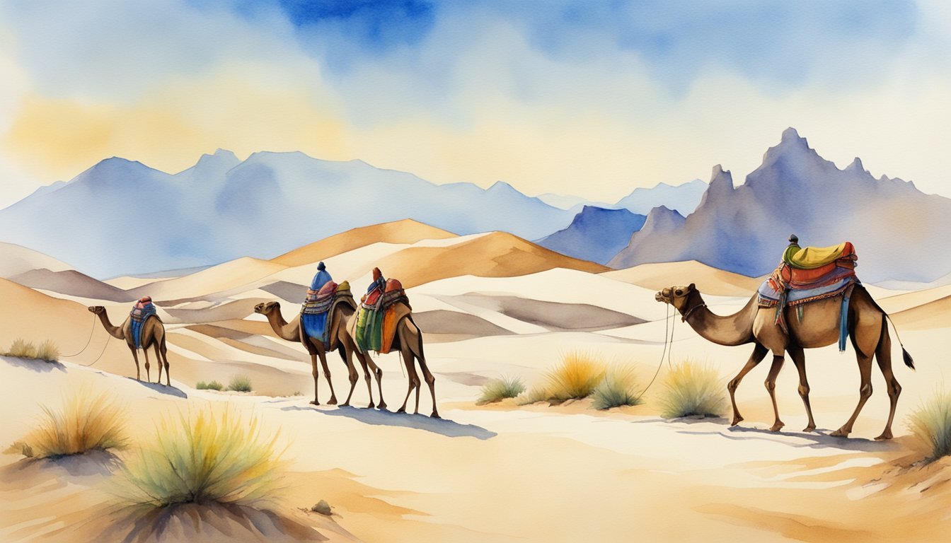 Watercolor painting of camels crossing desert landscape.