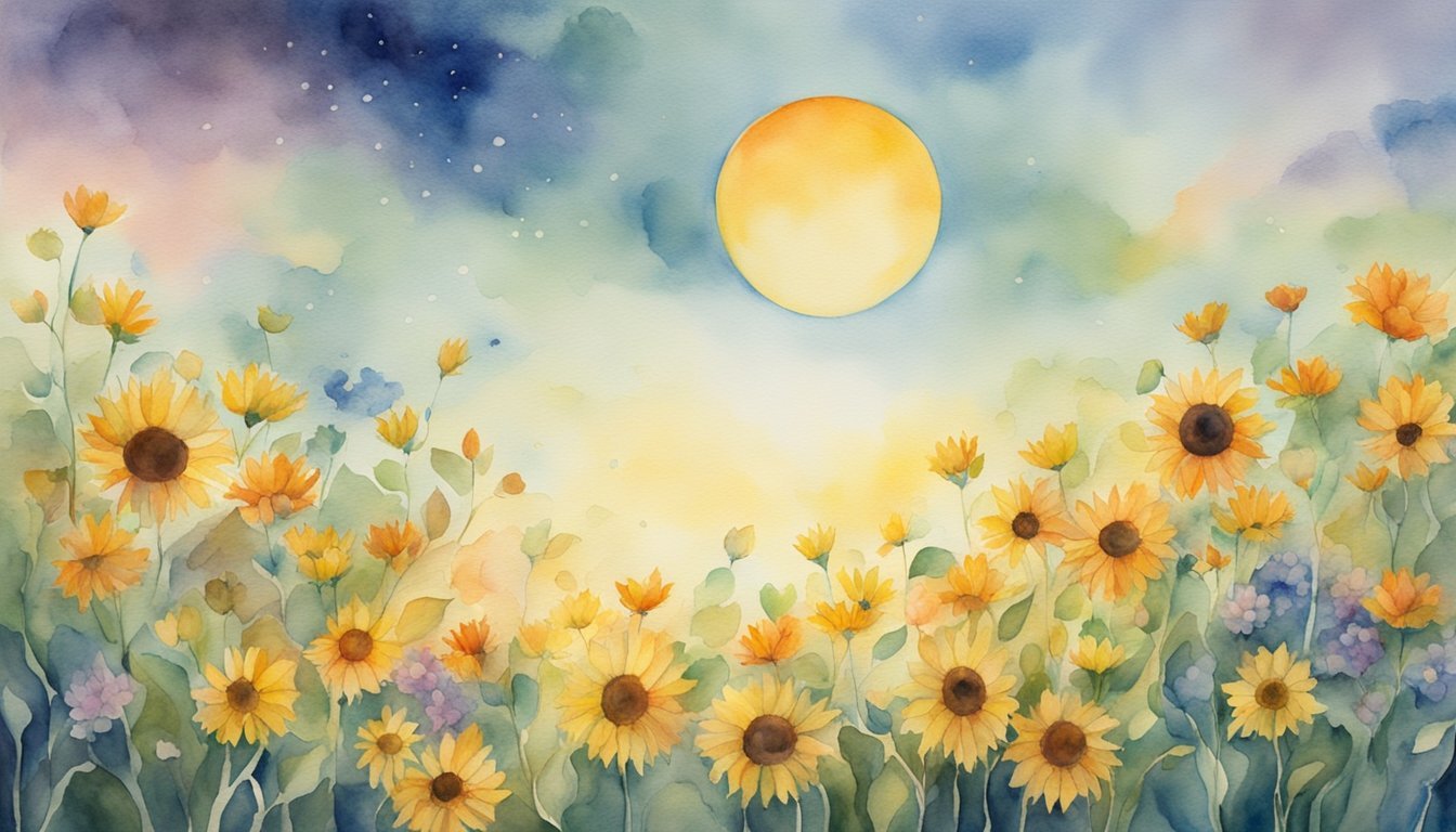 Watercolor painting of sunflowers under a vibrant sunset.