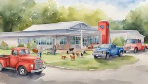 Watercolor of rural veterinary clinic with people and animals.