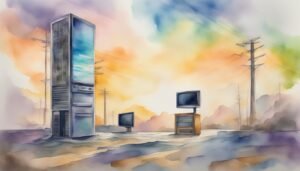 Watercolor of vintage electronics in surreal landscape.