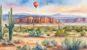 Watercolor desert landscape with cacti and hot air balloons.