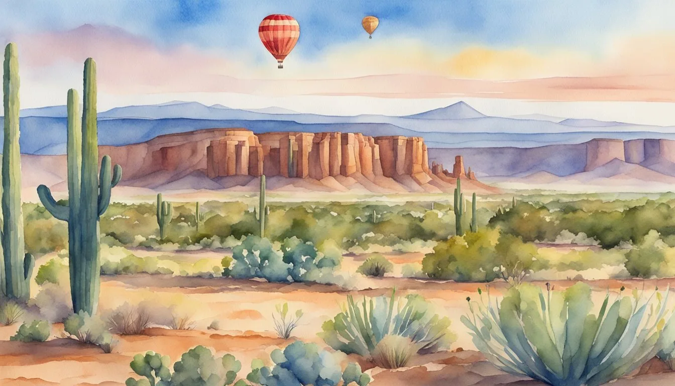 Watercolor desert landscape with cacti and hot air balloons.