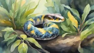 Colorful snake watercolor in natural setting.